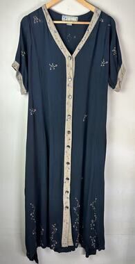 VTG Papy Boez Handpainted Cottagecore Floral Rayon Dress Sz M/L Blue Prairie